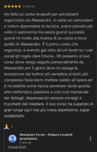 Recensione Google di un partecipante al corso levabolli